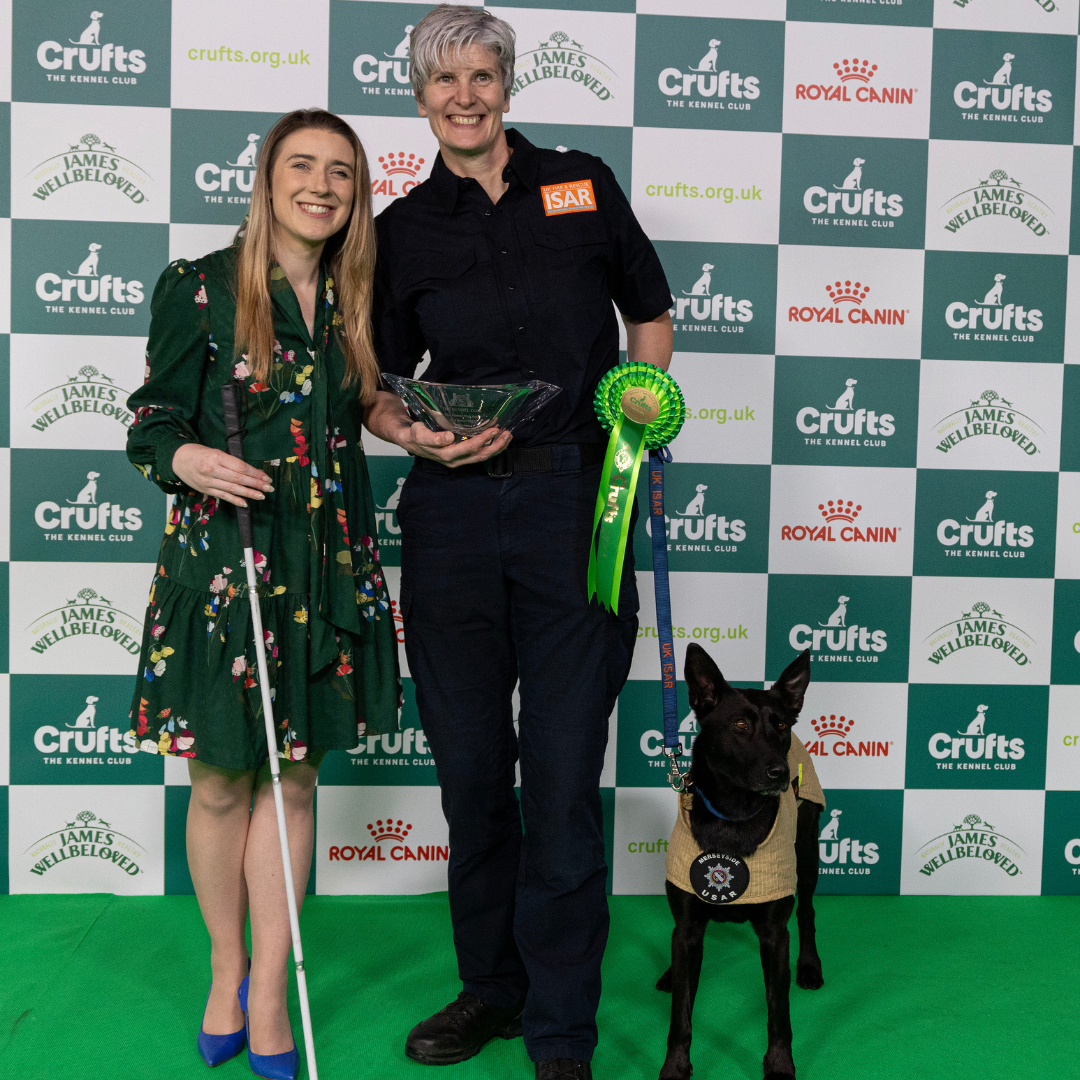 Hero Dog Award winner 2024, Vesper the Search and Rescue dog, with her handler, Niamh Darcy, and award presenter and Paralympian, Libby Clegg